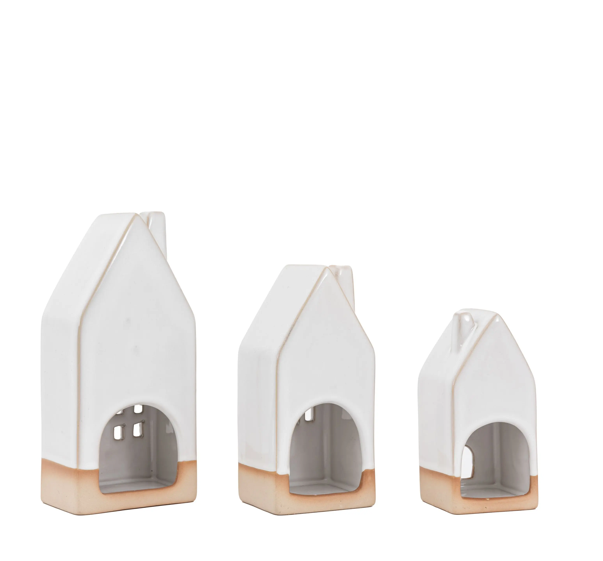 Pearly White Ceramic Tealight Houses 3pk - WowCornwall
