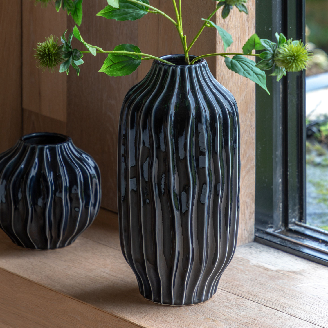 Organic Ribbed Vase Tall - Midnight or Olive - WowCornwall