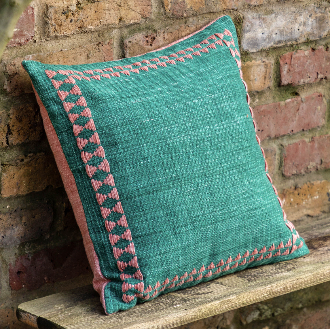 Kai Embroidered Border Showerproof Cushion - Apricot or Green - WowCornwall