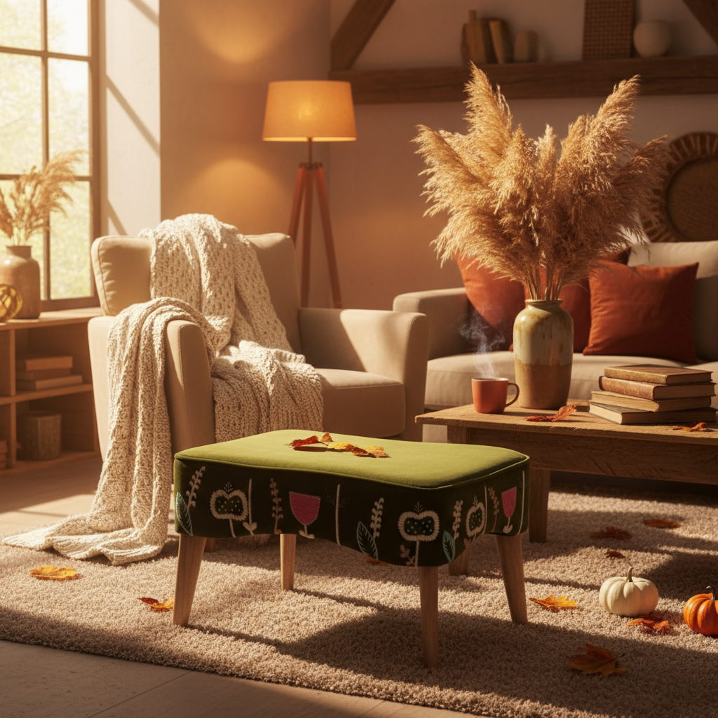 Prairie Embroidered Footstool Moss - WowCornwall