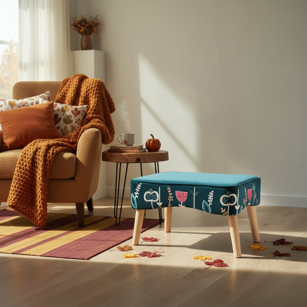 Prairie Embroidered Stool Teal - WowCornwall