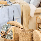 Throw Vigga with petrol print double weaving, backside neutral - WowCornwall