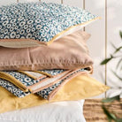 Throw Vigga with petrol print double weaving, backside neutral - WowCornwall