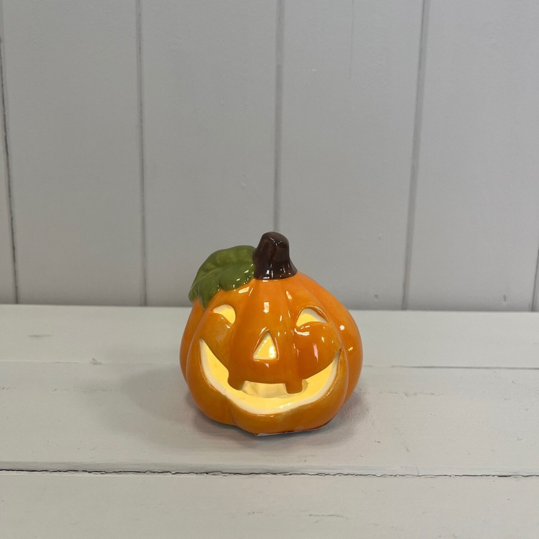 Smiling Orange Ceramic Pumpkin with LED - WowCornwall