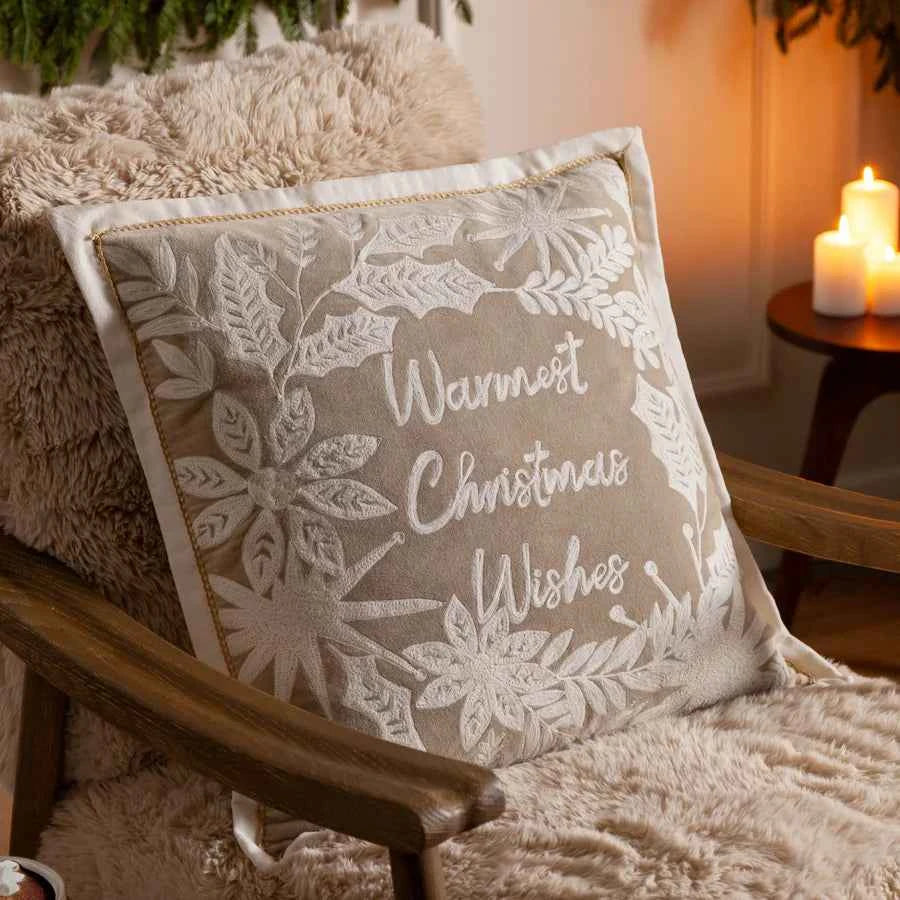 Winter Warmest Wishes Embroidered Cushion Natural