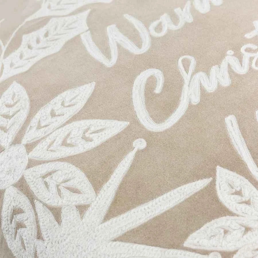 Winter Warmest Wishes Embroidered Cushion Natural