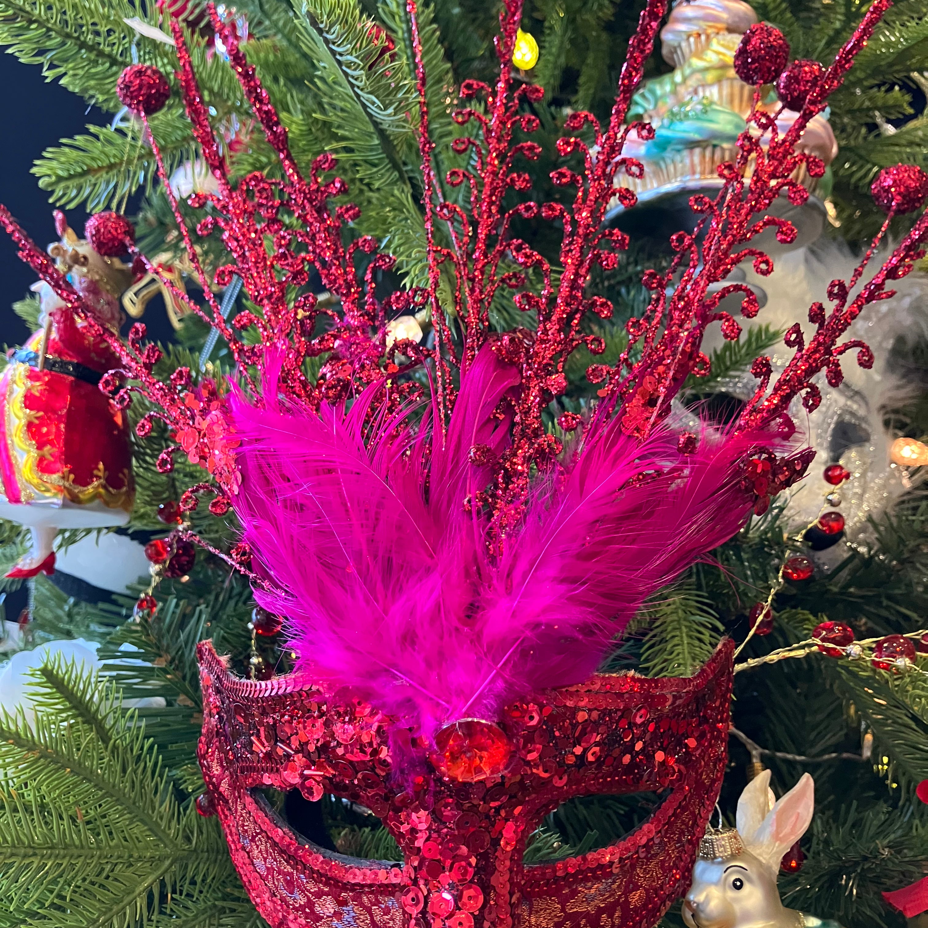 Red Glitter Feather Mask - WowCornwall