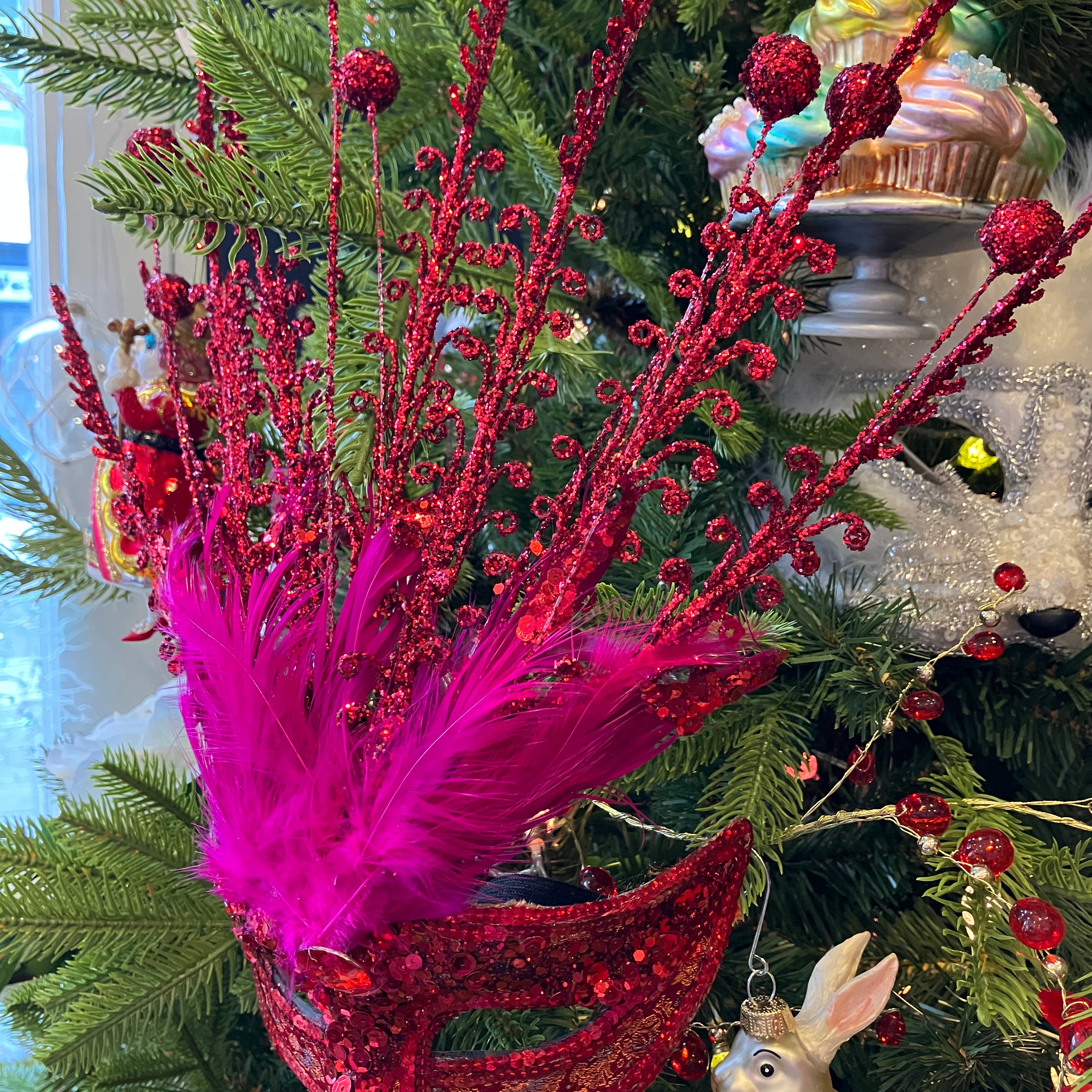 Red Glitter Feather Mask - WowCornwall