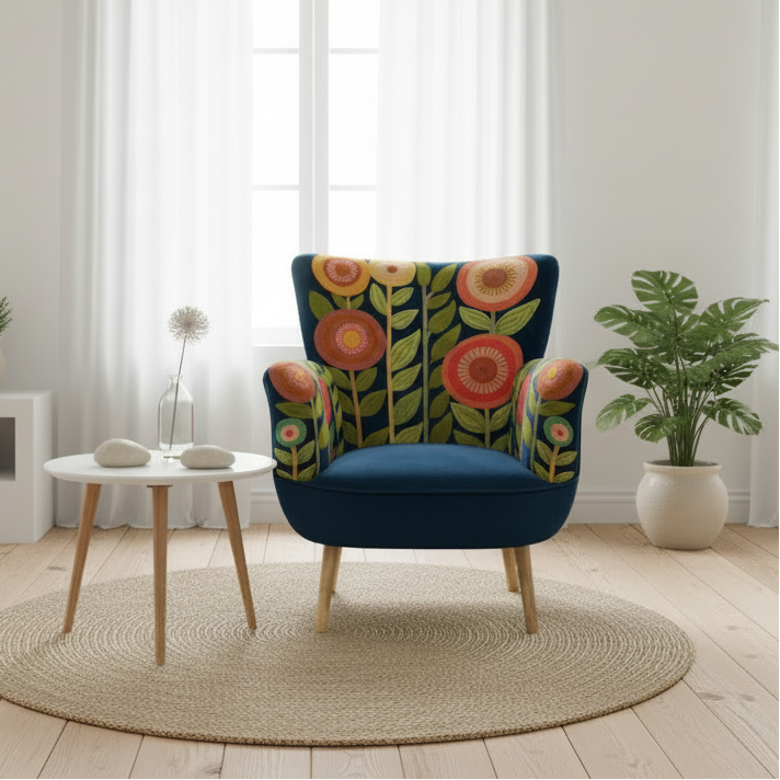 Blue armchair with floral pattern on a white background