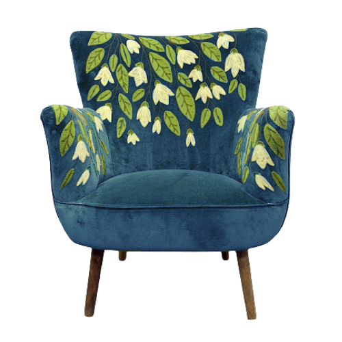 Amelia Heligan velvet armchair in navy with embroidered floral pattern