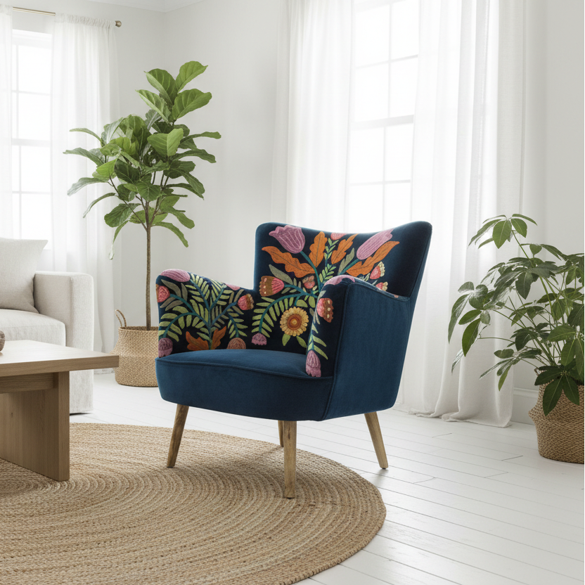 Amelia Kelmscott velvet armchair in navy with embroidered floral pattern in a living room