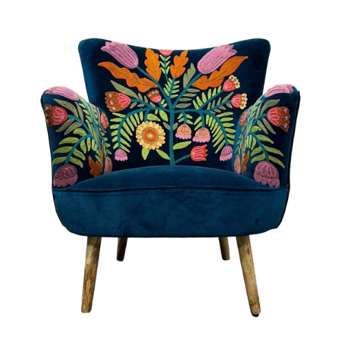 Amelia Kelmscott velvet armchair in navy with embroidered floral pattern