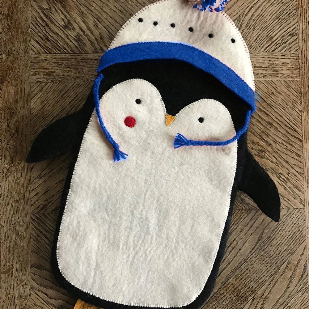 Penguin Stocking, with blue hat,made by hand using organic felt, with hanging loop - WowCornwall
