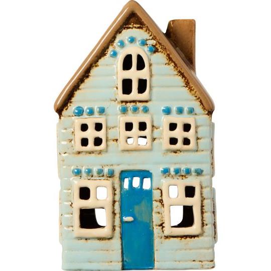 Ceramic House Tealight Visby - blue door brown roof - WowCornwall