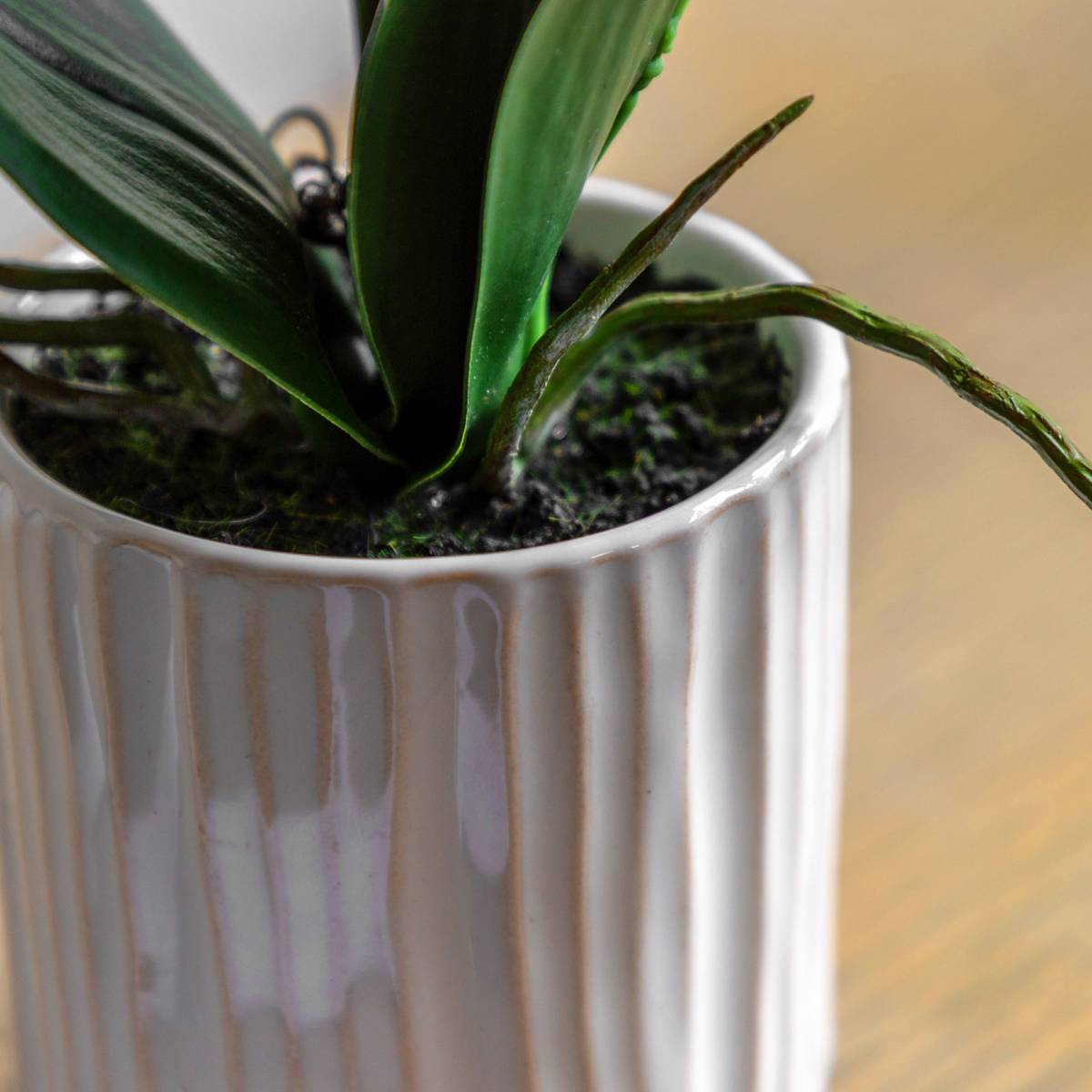 Artificial Cream Orchid in White Ceramic Pot