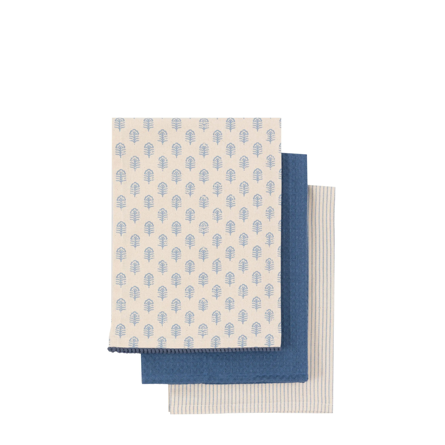 Fleur Floral Stamp Tea Towels Blue 3 Pack
