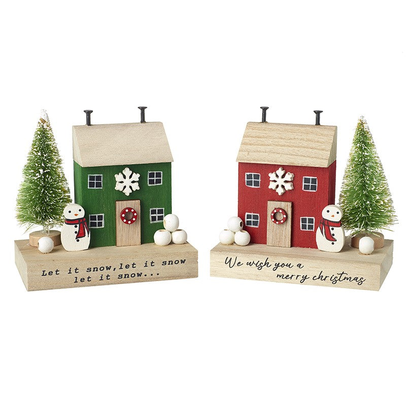 Wooden house with tree and snowman - two colour options - WowCornwall