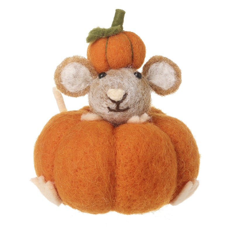 Orange Felt Pumpkin With Mouse Decoration - WowCornwall