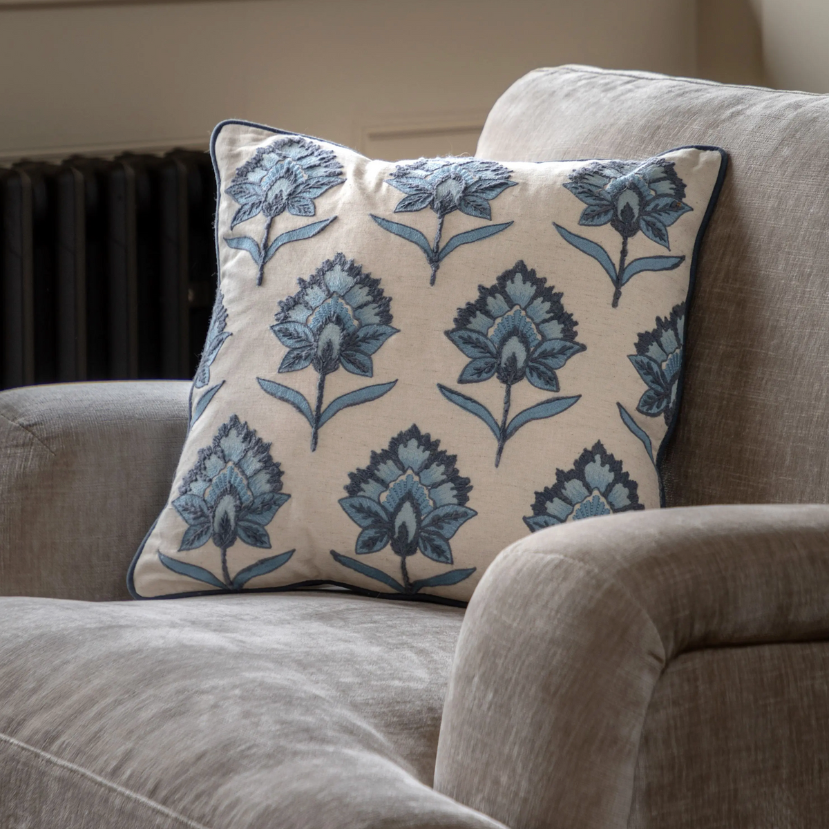 Fleur Embroidered Cushion Ink Blue