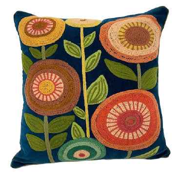 Floral Garden Embroidered Cushion - Navy