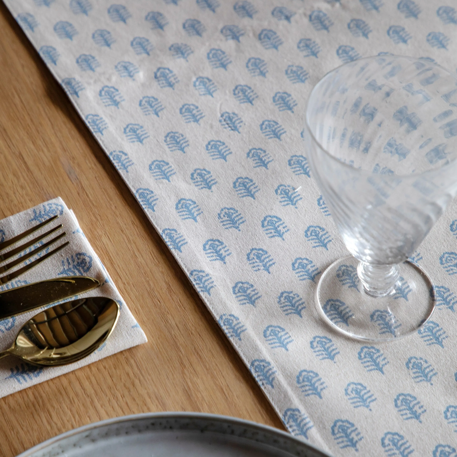 Fleur Floral Stamp Table Runner Blue (Copy)