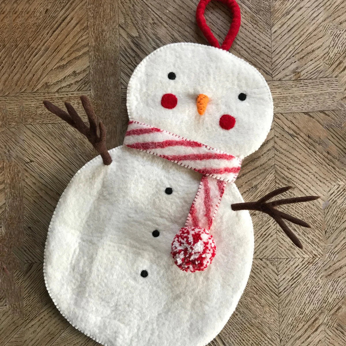 Snowman Stocking, made by hand using organic felt, with hanging loop - WowCornwall