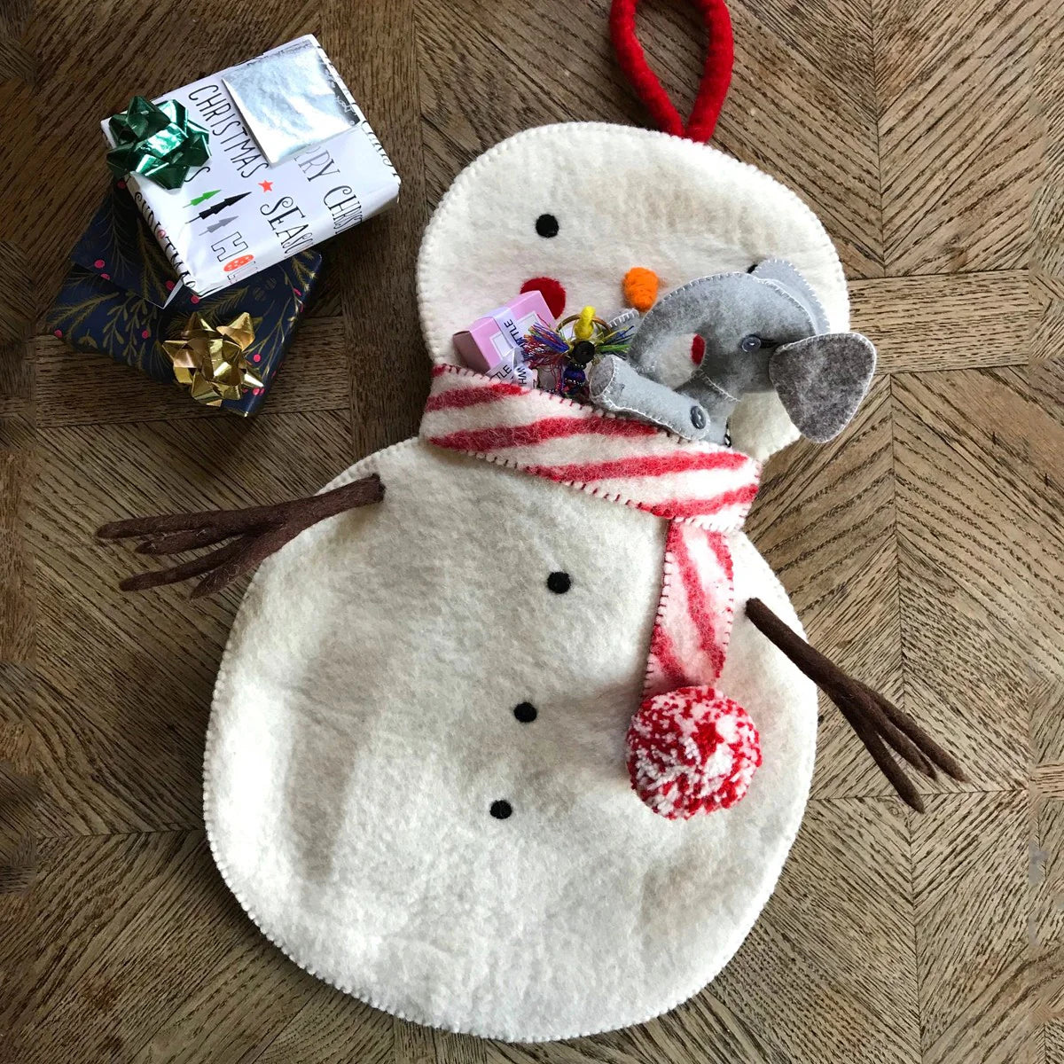 Snowman Stocking, made by hand using organic felt, with hanging loop - WowCornwall