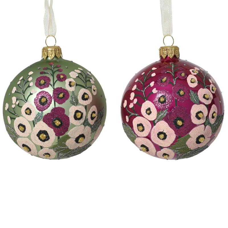 Glass Shiny & Matt Hollyhock Baubles – Set of 2 Assorted Colours - WowCornwall