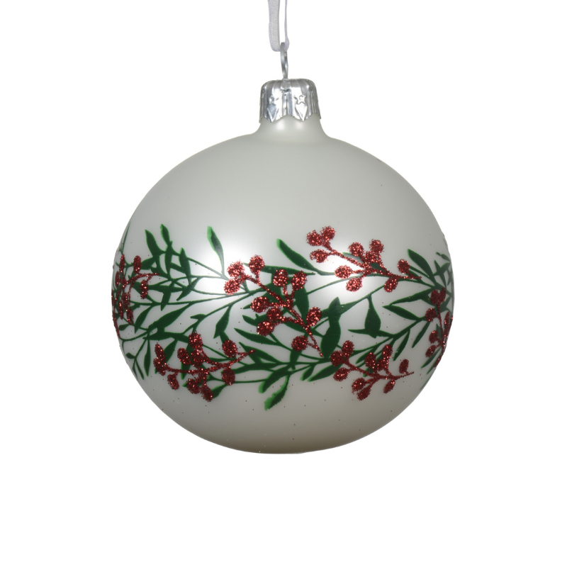 Glass Matt Bauble with Branch and Berries Design - WowCornwall