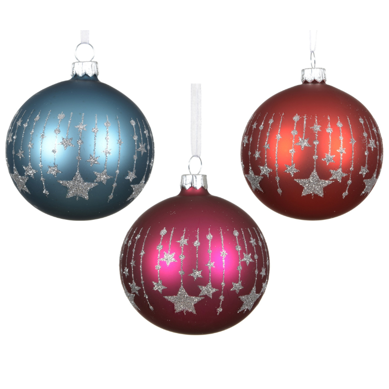 Glass Matt Baubles with Star Drop Design – Set of 3 Assorted Colours - WowCornwall