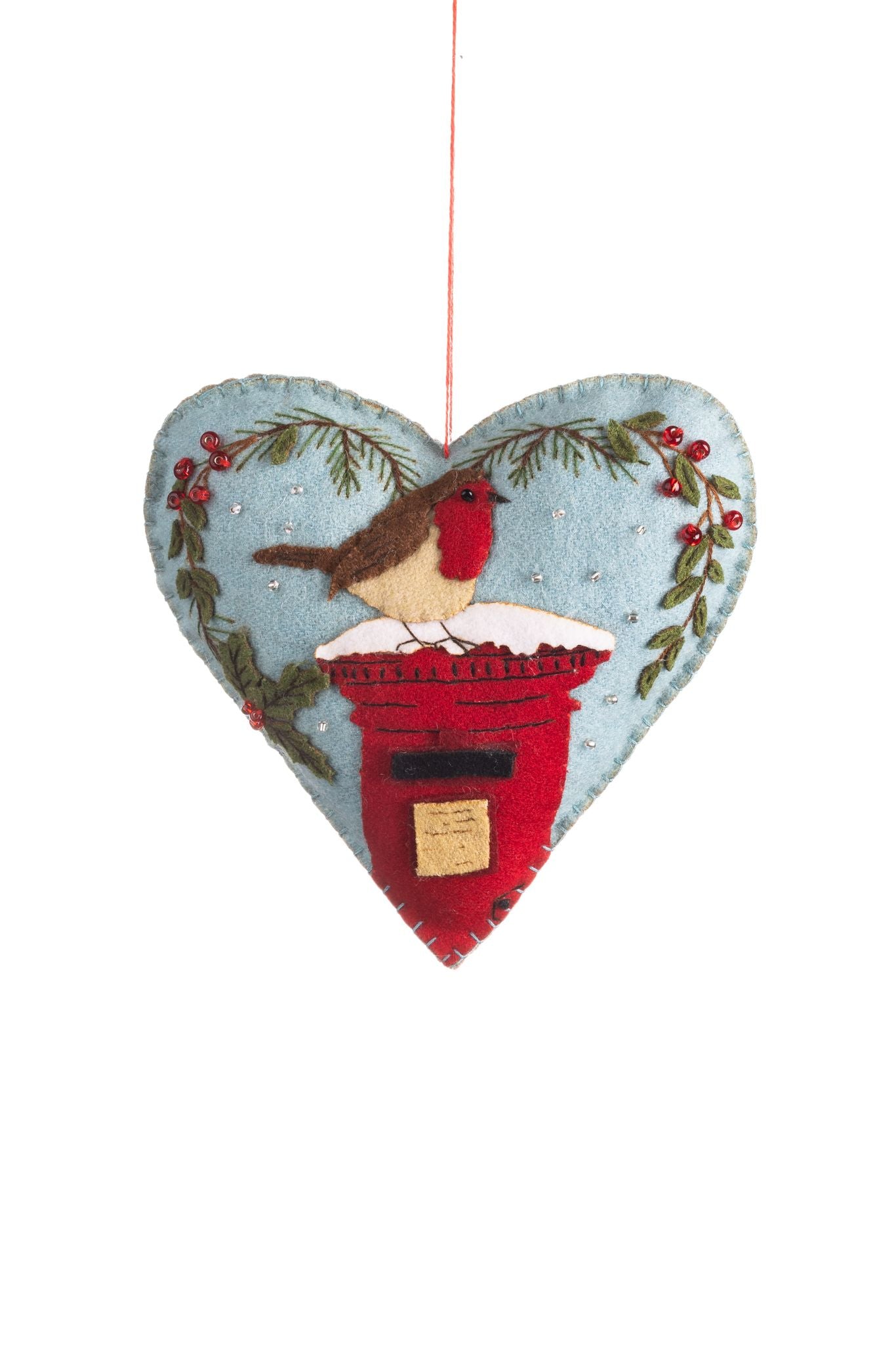 Robin on Postbox Heart Hanging Ornament - WowCornwall