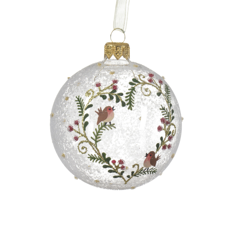 Glass Clear Bauble with Branch Heart and Bird Design - WowCornwall