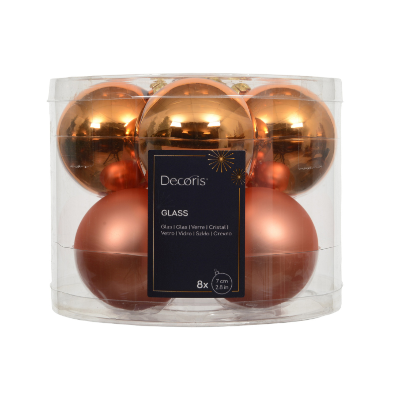 Glass Baubles – Shiny and Matt Mix (Warm Orange, 8 Pack) - WowCornwall