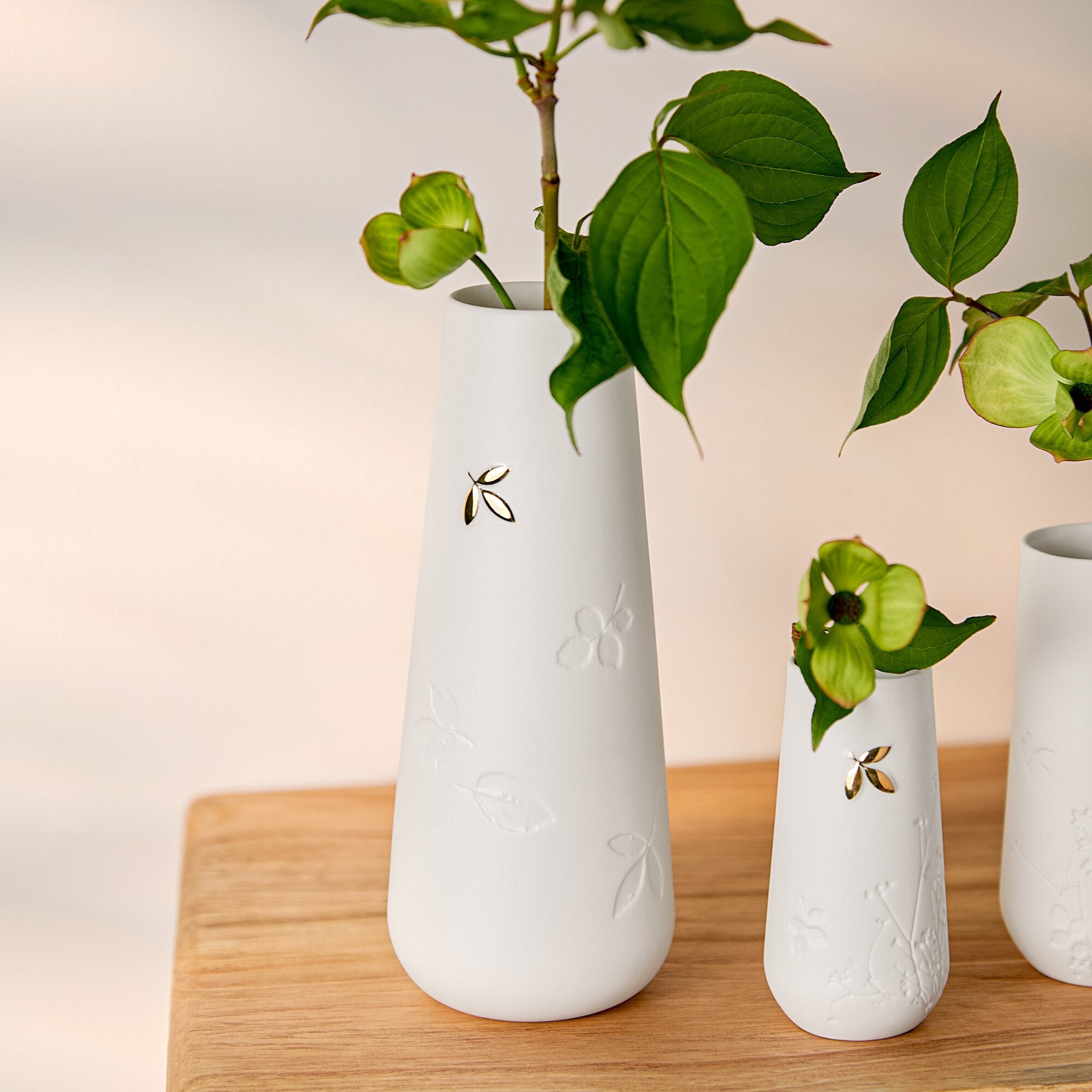 Three white ceramic bud vases with embossed floral details and dragonfly motifs, styled with green plant stems on a light wooden shelf against a soft beige background.
