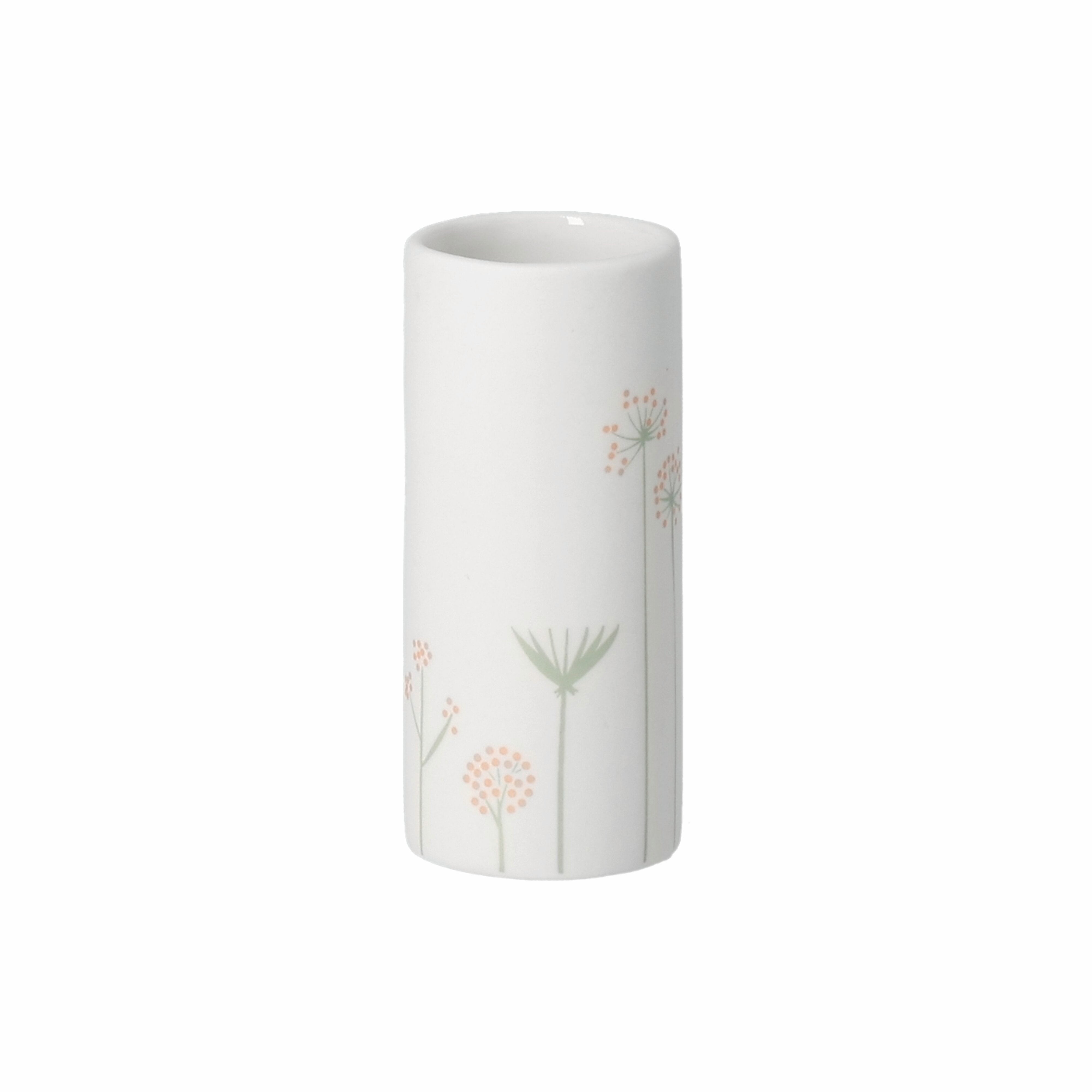 White cylindrical vase with floral patterns on a white background