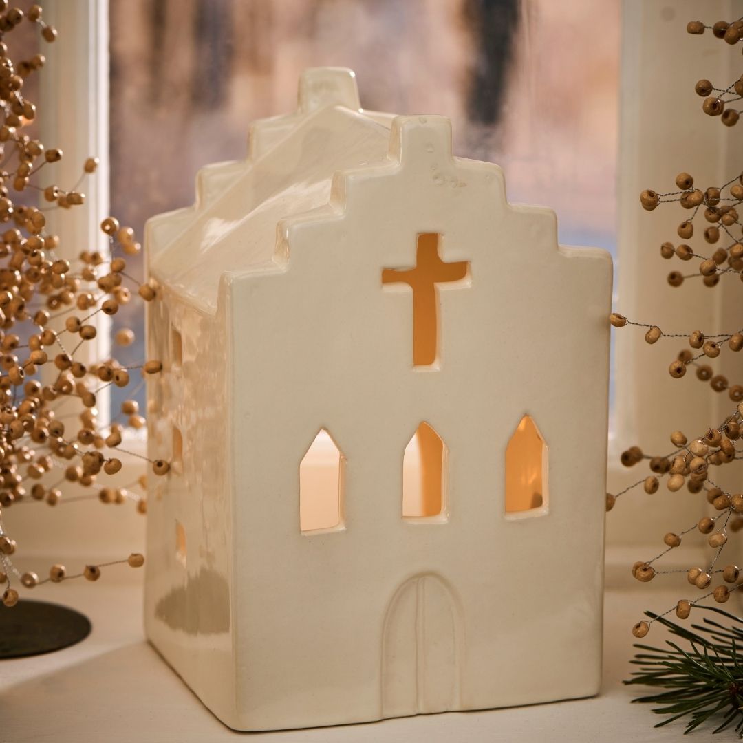Off White Church Tealight Holder - WowCornwall