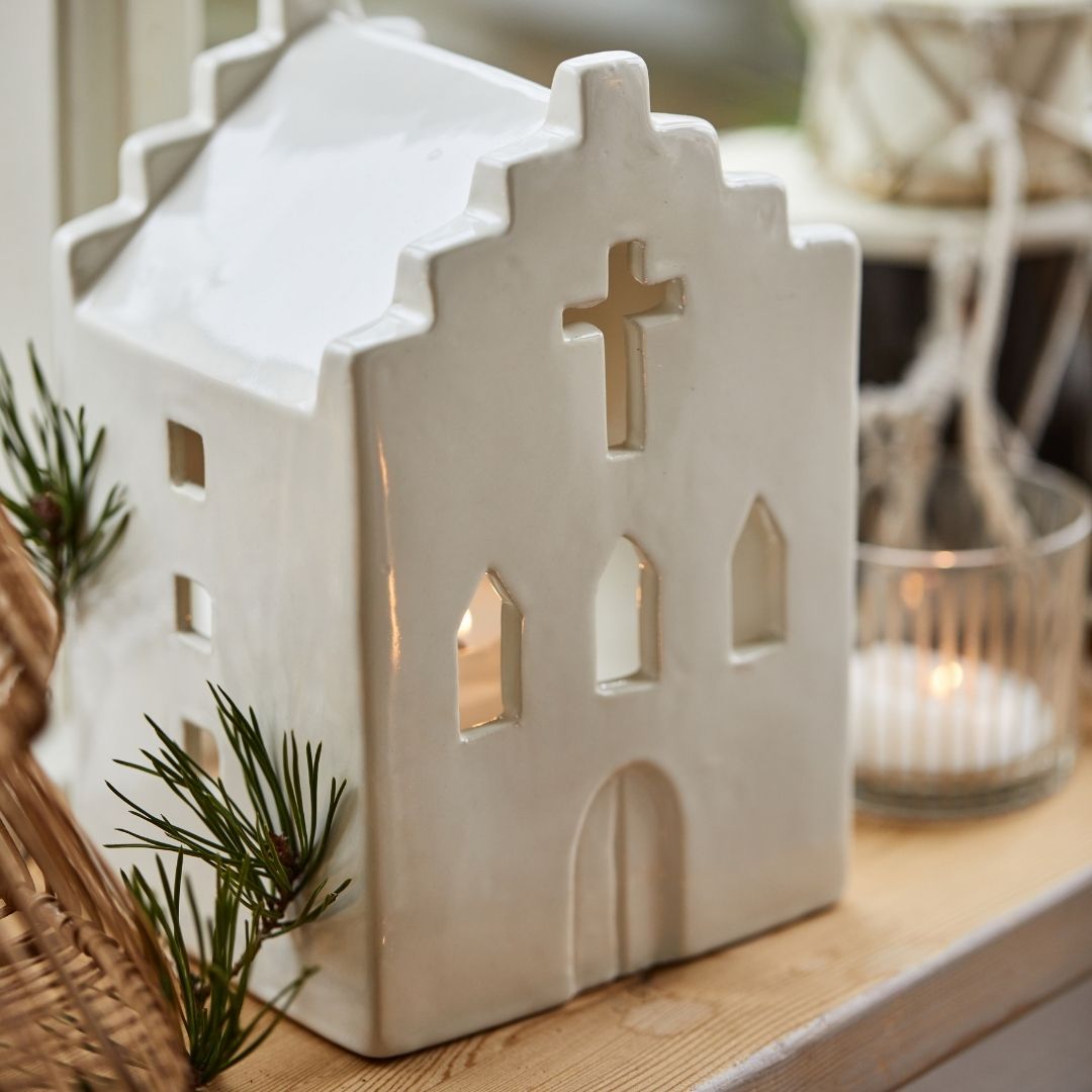 Off White Church Tealight Holder - WowCornwall