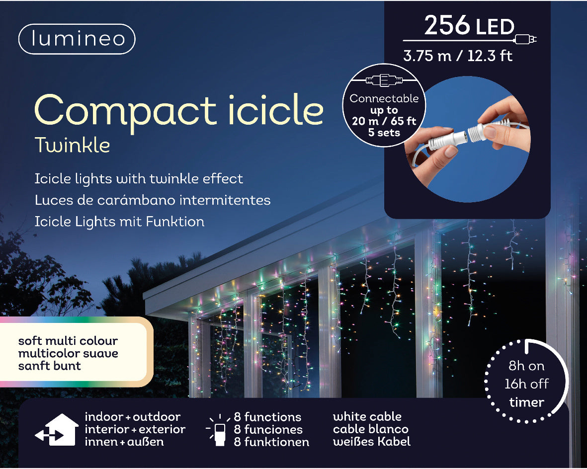 LED icicle compact twinkle outdoor lights, 256 LED with 8 functions - WowCornwall