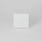 White square box with text on a light gray background