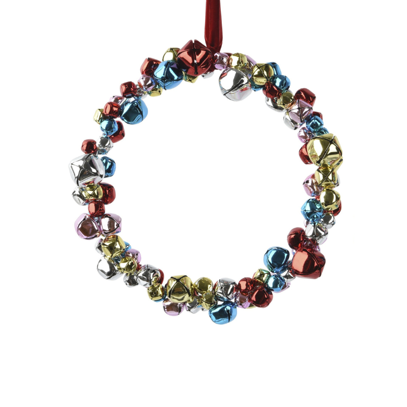 Metal Wreath with Jingle Bells – Rose Gold, Blue, and Silver - WowCornwall