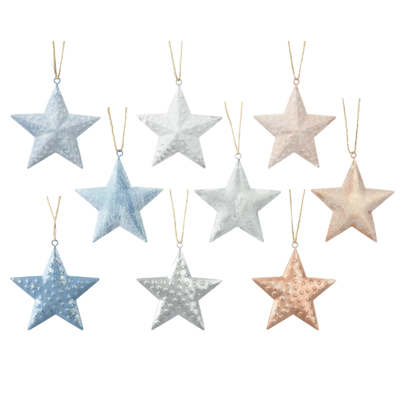 Metal Star Ornaments – Embossed Snow Finish (Set of 9 Assorted) - WowCornwall