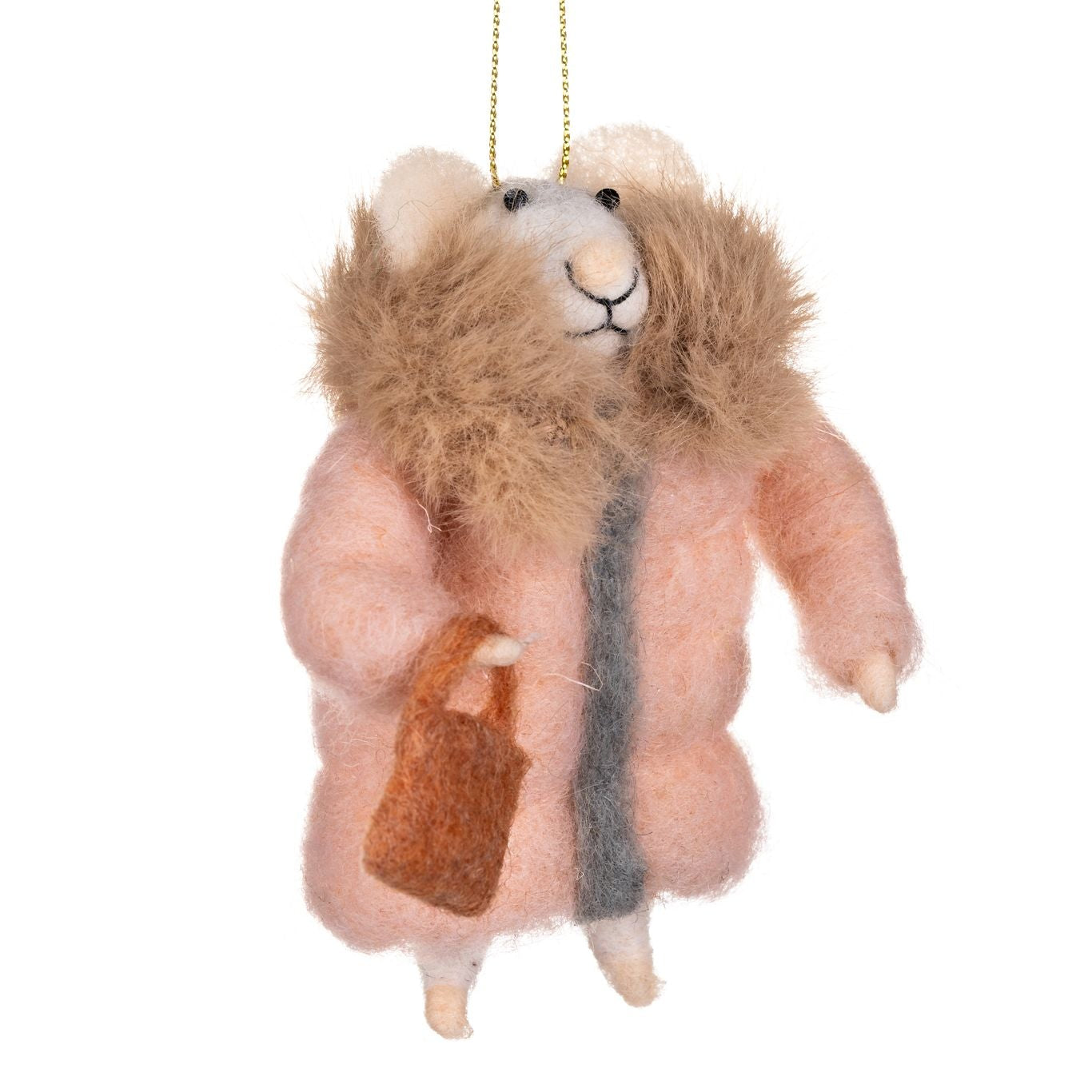 Felted animal ornament wearing a pink coat with a white background