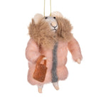 Felted animal ornament wearing a pink coat with a white background
