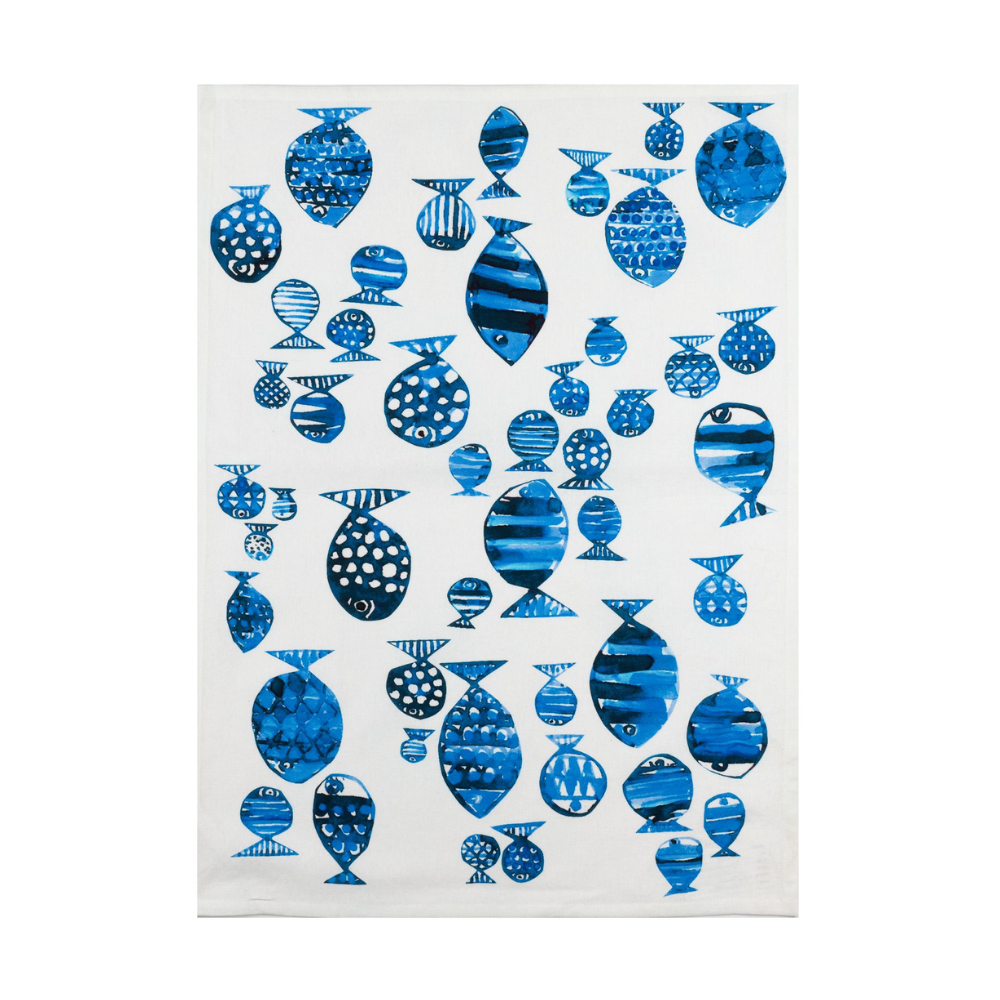 White towel with blue fish pattern on a white background