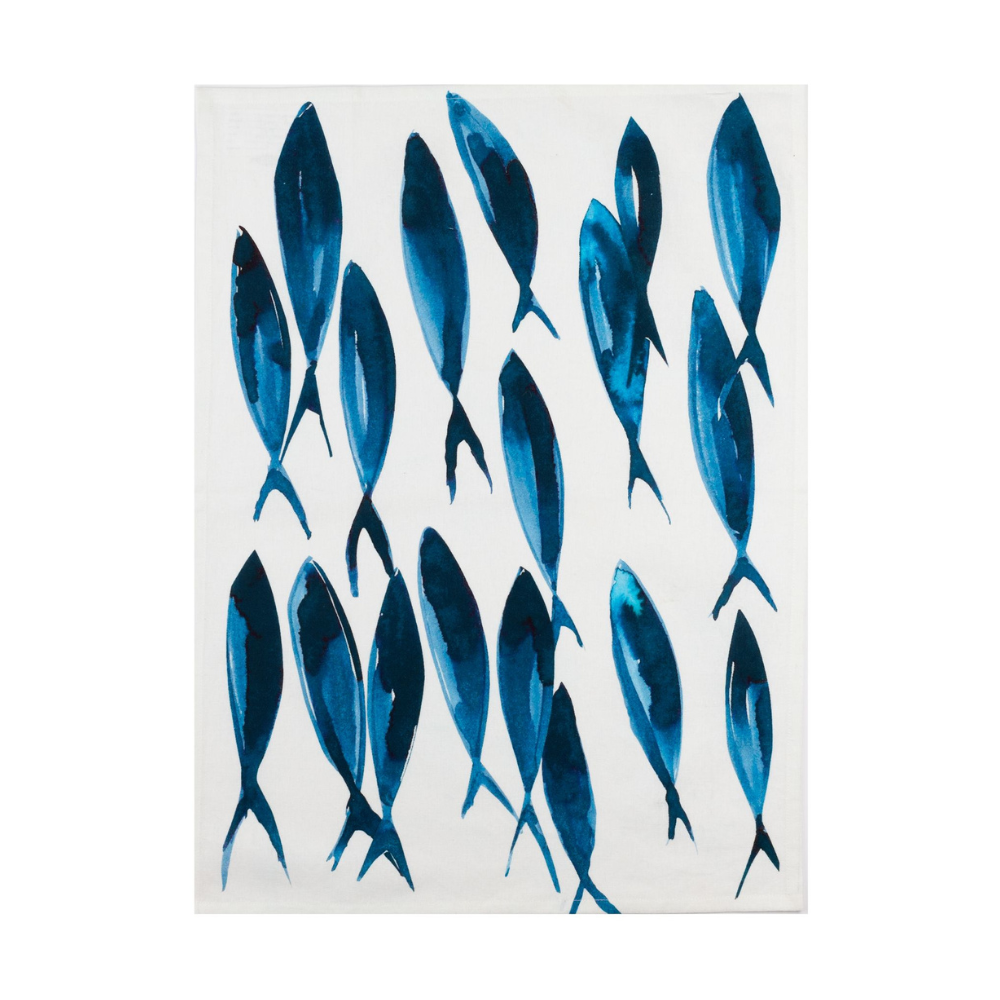 Art print with blue fish illustrations on a white background
