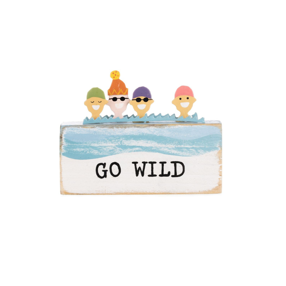 Decorative sign with cartoon characters and 'GO WILD' text on a white background