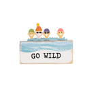 Decorative sign with cartoon characters and 'GO WILD' text on a white background