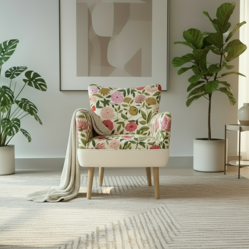 Floral armchair in a modern living room with plants and abstract art
