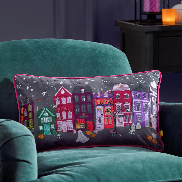Creepy Town Piped Velvet Halloween Cushion - WowCornwall