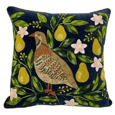 Pear Tree Embroidered Cushion in Navy
